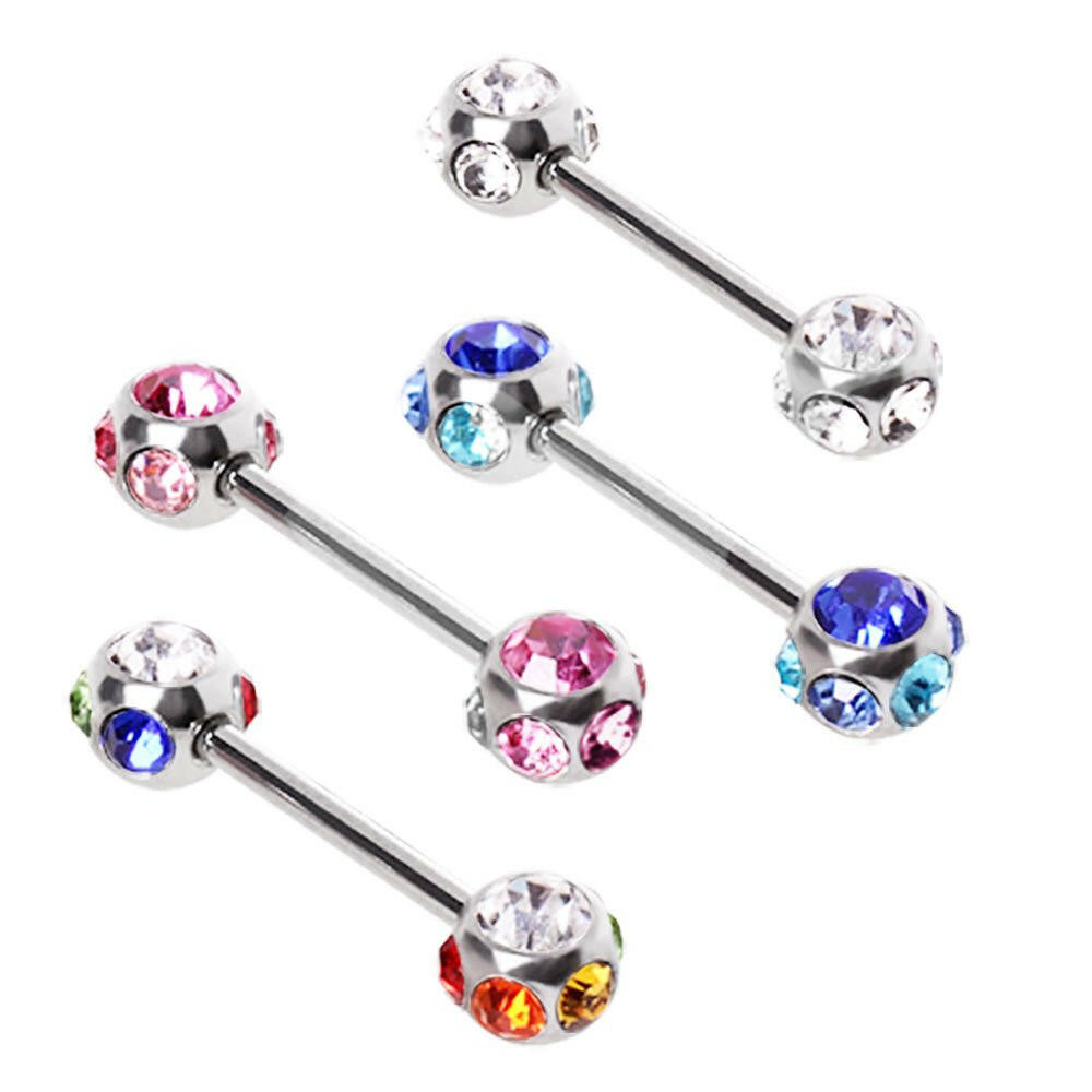 Surgical Steel Nipple Bar with Multi-Gemmed Balls Nipple Ring Impulse Piercings Blue