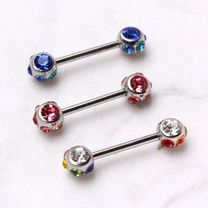 Surgical Steel Nipple Bar with Multi-Gemmed Balls Nipple Ring Impulse Piercings