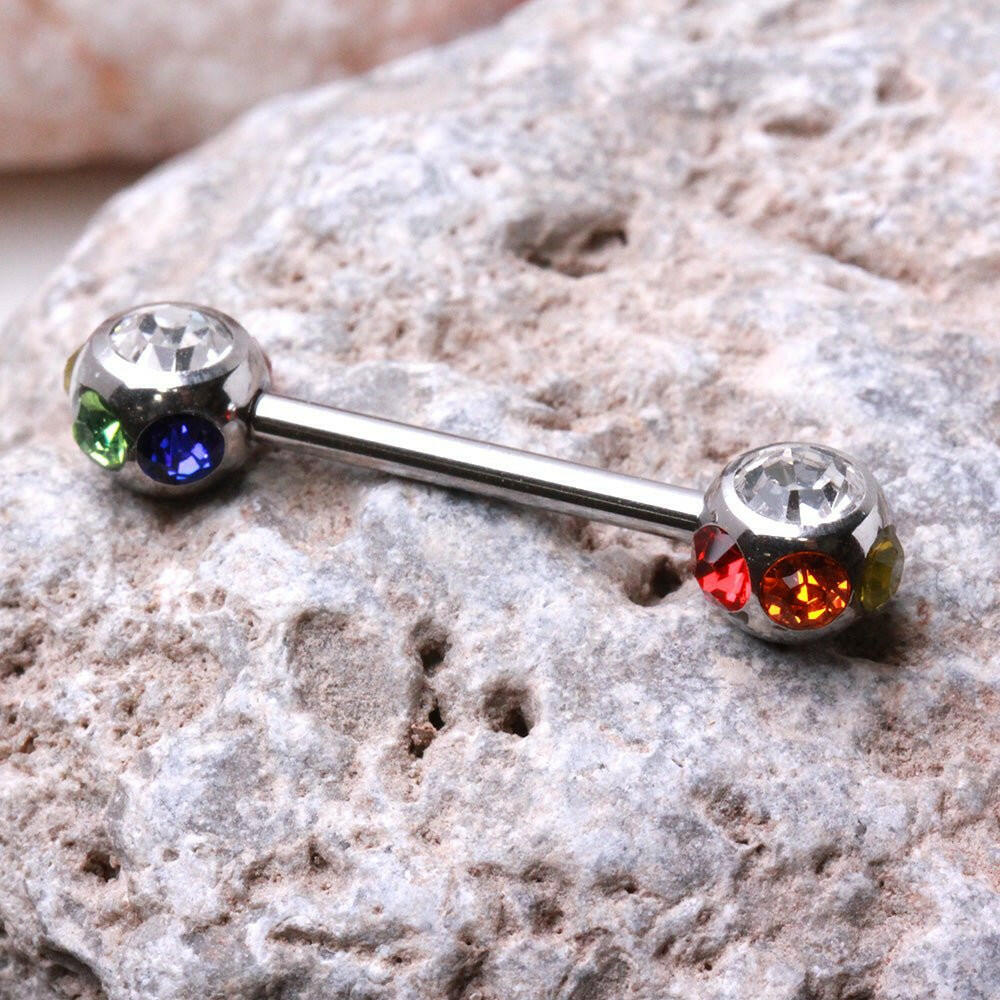 Surgical Steel Nipple Bar with Multi-Gemmed Balls Nipple Ring Impulse Piercings