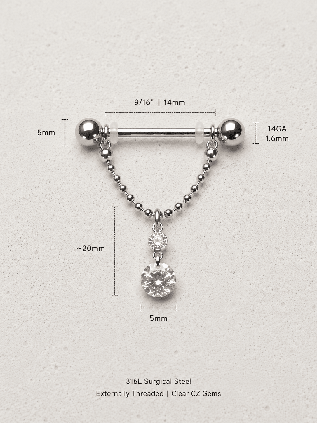 316L Surgical Steel Nipple Ring with Two Round Gems - Skin Metals