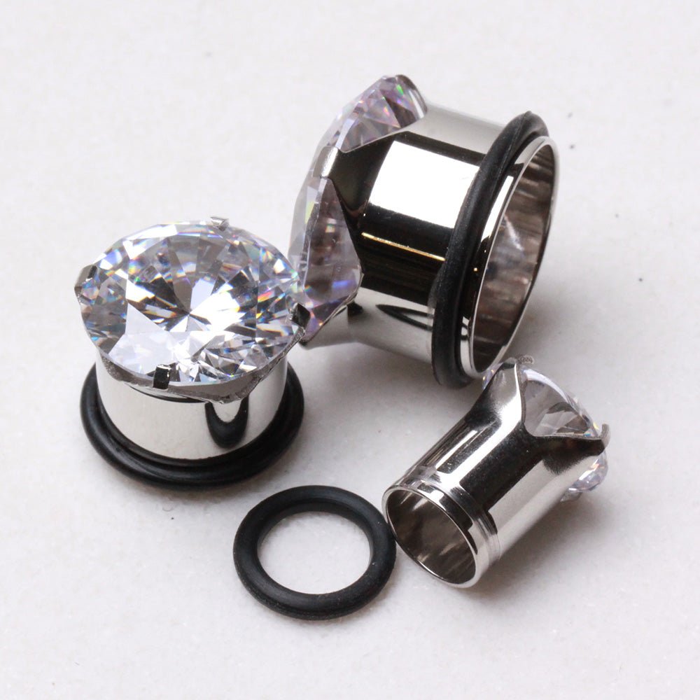 316L Surgical Steel Prong Set CZ Plug with O-Ring — Sold as Pair