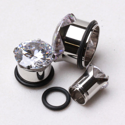 316L Surgical Steel Prong Set CZ Plug with O-Ring — Sold as Pair