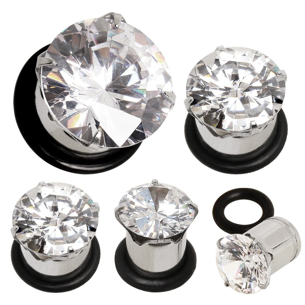 316L Surgical Steel Prong Set CZ Plug with O-Ring — Sold as Pair