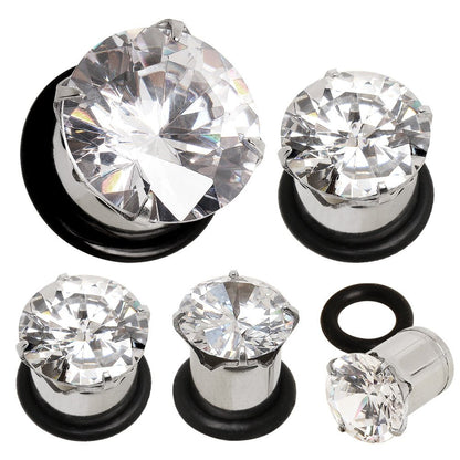 316L Surgical Steel Prong Set CZ Plug with O-Ring — Sold as Pair