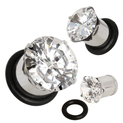 316L Surgical Steel Prong Set CZ Plug with O-Ring — Sold as Pair