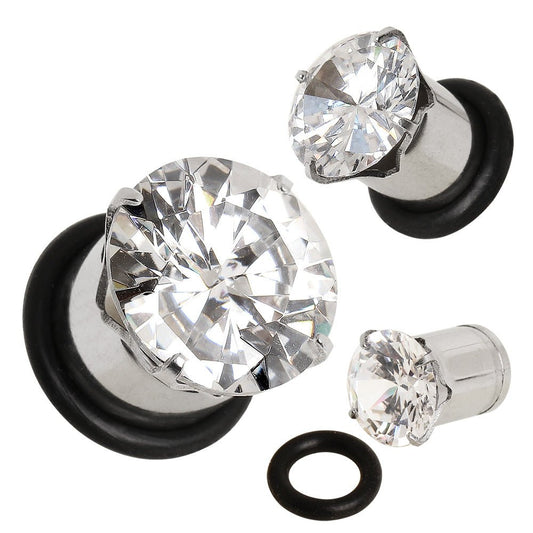 316L Surgical Steel Prong Set CZ Plug with O-Ring — Sold as Pair