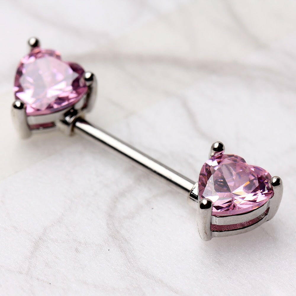 Surgical Steel Prong Set Heart CZ Nipple Bar Nipple Ring Impulse Piercings Pink