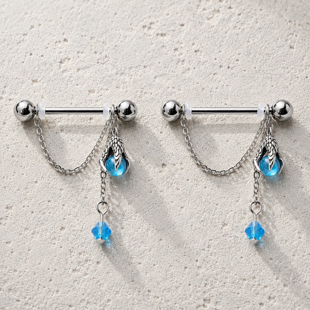 14G dragon claw aqua orb chained body jewelry shield pair