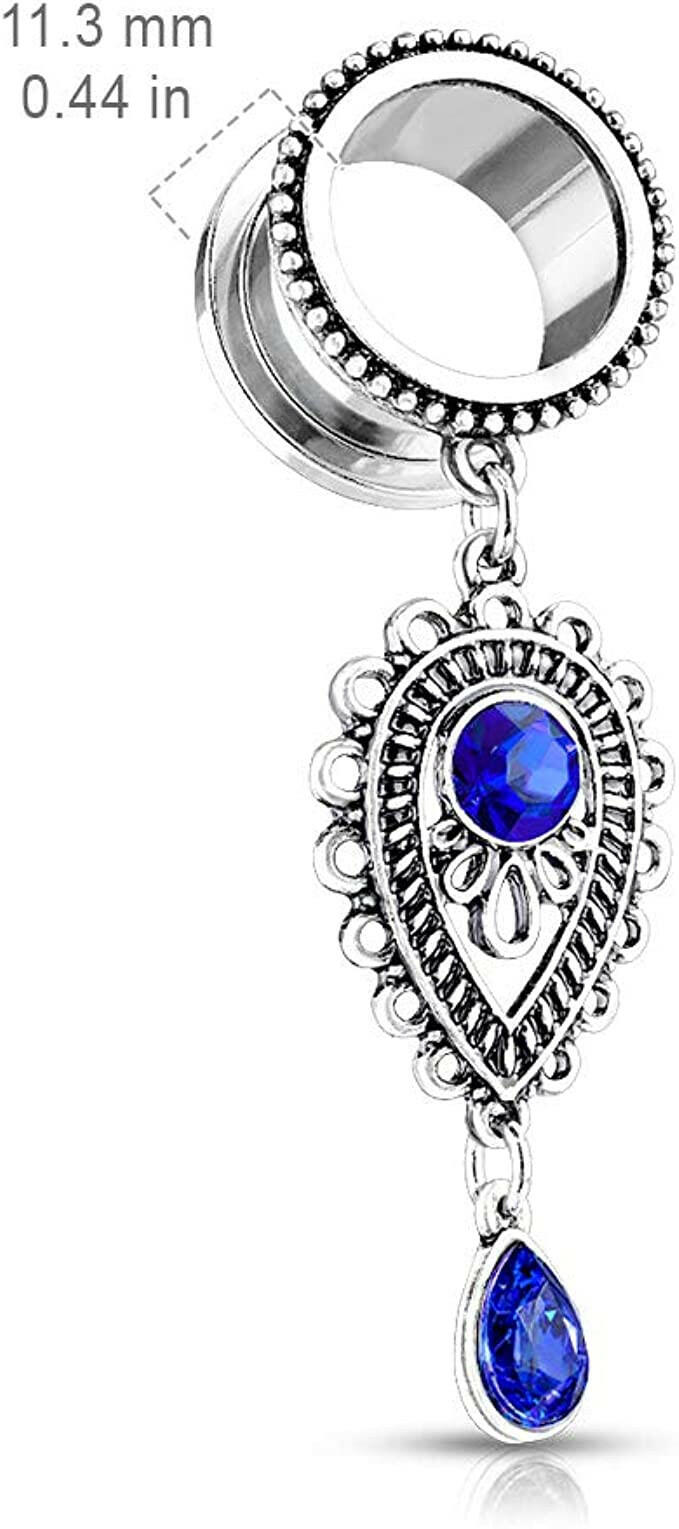 Sapphire Blue Stone Set Tear Drop Charms Dangle 316L Surgical Steel Screw Fit Flesh Tunnel Plugs Plugs Impulse Piercings