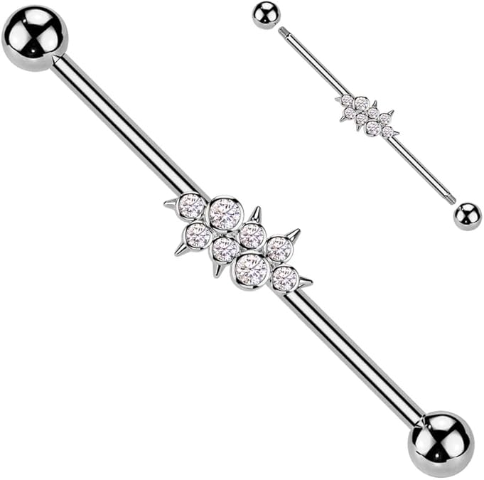 Surgical Steel Industrial Barbell With Round CZ Cluster Center With Spikes Industrial Barbell Skin Metals