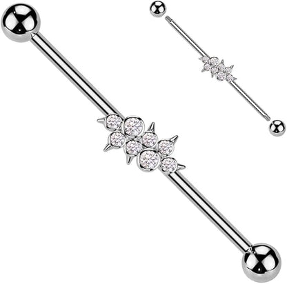 Surgical Steel Industrial Barbell With Round CZ Cluster Center With Spikes Industrial Barbell Skin Metals