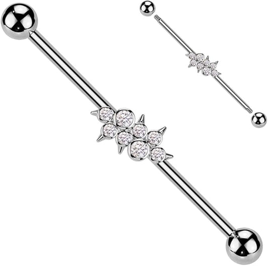 Surgical Steel Industrial Barbell With Round CZ Cluster Center With Spikes Industrial Barbell Skin Metals