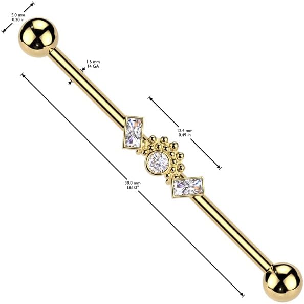 Surgical Steel Double Baguette CZ Ends With Ball Clusters And Round CZ Center Industrial Barbell Industrial Barbell Skin Metals