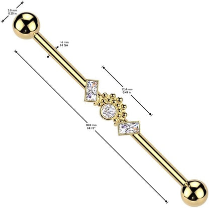 Surgical Steel Double Baguette CZ Ends With Ball Clusters And Round CZ Center Industrial Barbell Industrial Barbell Skin Metals