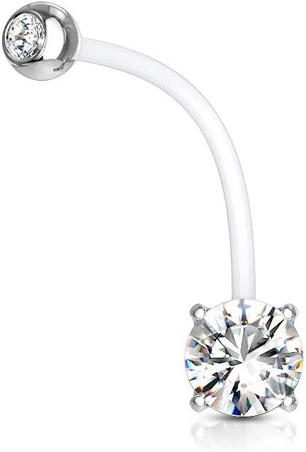 Double Jeweled Prong Set Round CZ Pregnancy Belly Rings Bioflex with 316L Surgical Steel Balls Belly Button Ring Skin Metals