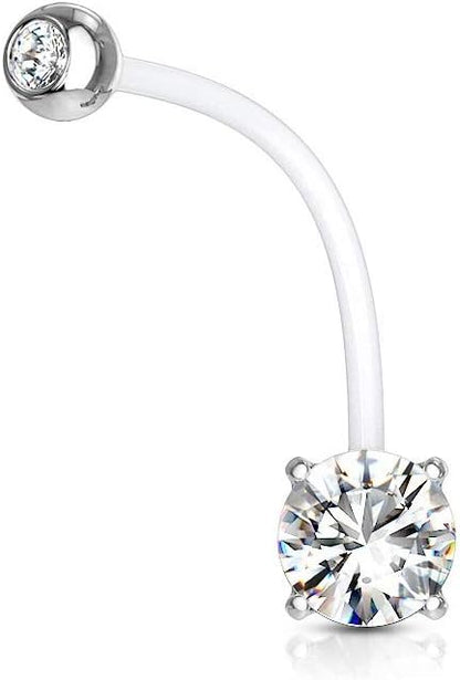 Double Jeweled Prong Set Round CZ Pregnancy Belly Rings Bioflex with 316L Surgical Steel Balls Belly Button Ring Skin Metals