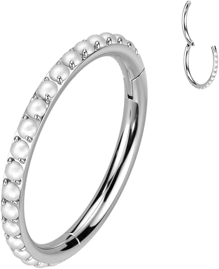 Titanium Hinged Segment Lined With Outward Facing Pave Pearls Hoop Ring Cartilage Impulse Piercings