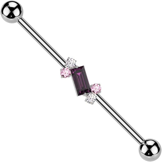 Surgical Steel Double Round CZ With Baguette CZ Center Industrial Barbell Industrial Barbell Skin Metals