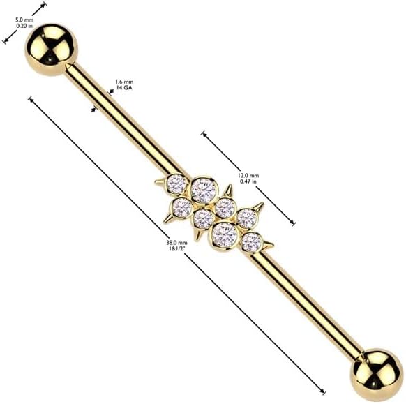 Surgical Steel Industrial Barbell With Round CZ Cluster Center With Spikes Industrial Barbell Skin Metals