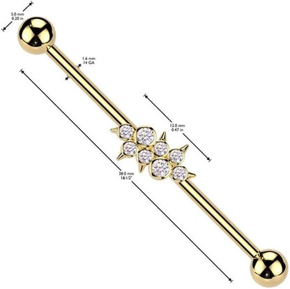 Surgical Steel Industrial Barbell With Round CZ Cluster Center With Spikes Industrial Barbell Skin Metals
