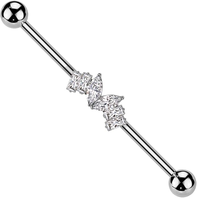Surgical Steel Marquise CZ Heart Center and 2 Baguette CZ On Each Side Industrial Barbell Industrial Barbell Skin Metals