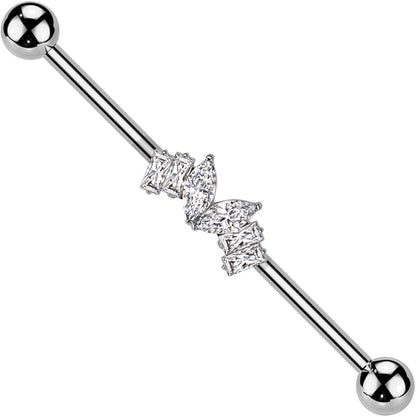 Surgical Steel Marquise CZ Heart Center and 2 Baguette CZ On Each Side Industrial Barbell Industrial Barbell Skin Metals