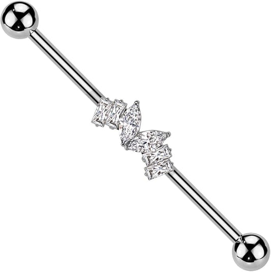 Surgical Steel Marquise CZ Heart Center and 2 Baguette CZ On Each Side Industrial Barbell Industrial Barbell Skin Metals