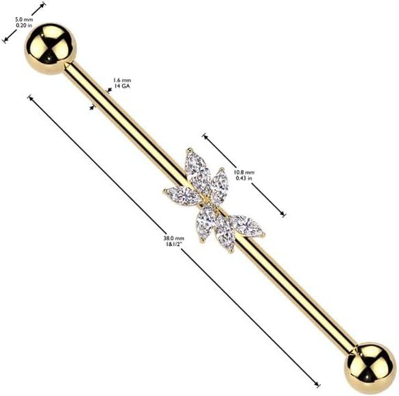 Surgical Steel Marquise CZ Vine Industrial Barbell Industrial Barbell Skin Metals