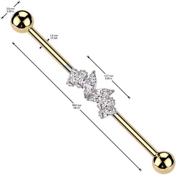 Surgical Steel Marquise CZ Heart Center and 2 Baguette CZ On Each Side Industrial Barbell Industrial Barbell Skin Metals