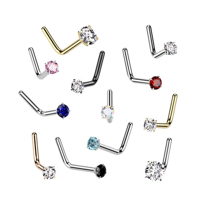 Implant Grade Titanium L Bend Nose Stud With Round Prong Set CZ Nose Ring Skin Metals