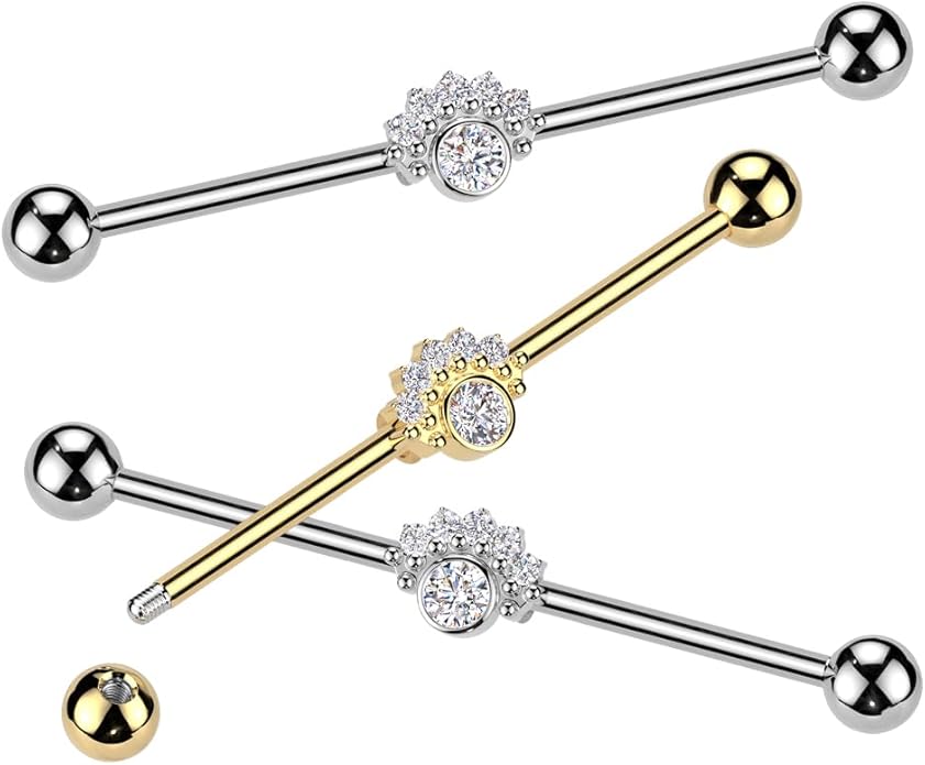 Surgical Steel CZ Fan With Big Round CZ Center Industrial Barbell Industrial Barbell Skin Metals