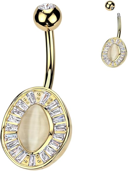 Surgical Steel Baguette CZ Edge With Cat's Eye Stone Center Belly Button Navel Ring Navel Rings Skin Metals