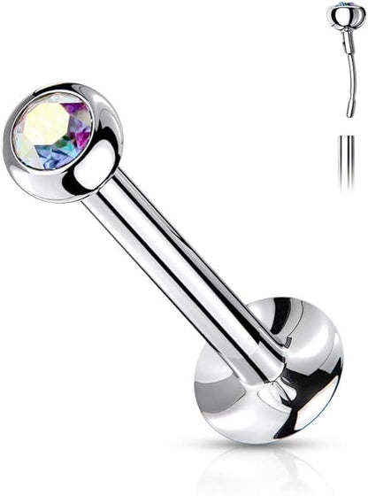 Push In Jeweled Ball Top 316L Surgical Steel Threadless Labret, Monroe, Flat Back Stud Labret Skin Metals