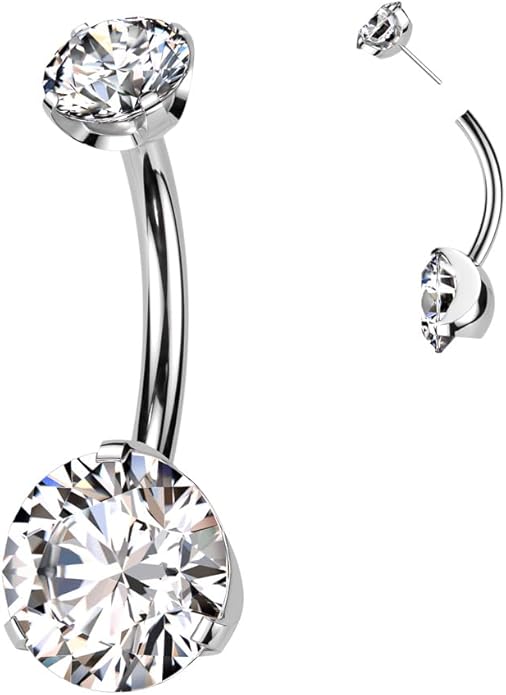 Implant Grade Titanium Threadless Push In Prong Set Bottom With CNC Round Claw Set CZ Top Belly Button Ring Belly Button Ring Skin Metals