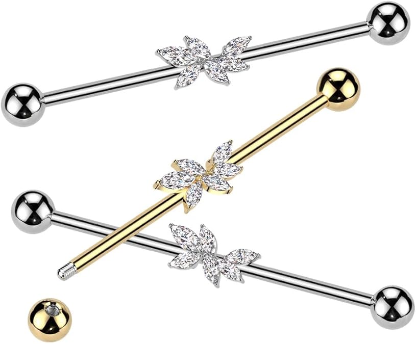 Surgical Steel Marquise CZ Vine Industrial Barbell Industrial Barbell Skin Metals