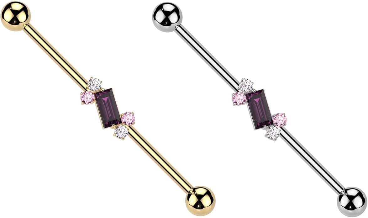 Surgical Steel Double Round CZ With Baguette CZ Center Industrial Barbell Industrial Barbell Skin Metals