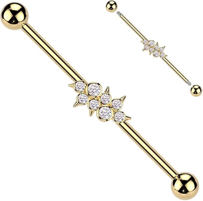 Surgical Steel Industrial Barbell With Round CZ Cluster Center With Spikes Industrial Barbell Skin Metals