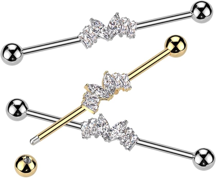 Surgical Steel Marquise CZ Heart Center and 2 Baguette CZ On Each Side Industrial Barbell Industrial Barbell Skin Metals