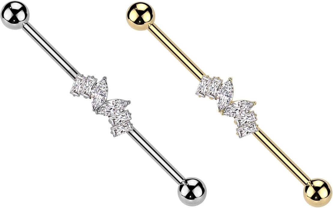 Surgical Steel Marquise CZ Heart Center and 2 Baguette CZ On Each Side Industrial Barbell Industrial Barbell Skin Metals