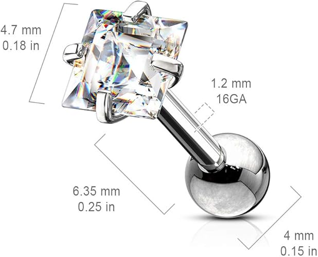 Prong Set Square CZ 316L Surgical Steel Cartilage, Tragus Barbell Studs Cartilage Impulse Piercings