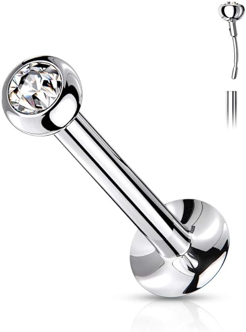 Push In Jeweled Ball Top 316L Surgical Steel Threadless Labret, Monroe, Flat Back Stud Labret Skin Metals