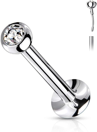 Push In Jeweled Ball Top 316L Surgical Steel Threadless Labret, Monroe, Flat Back Stud Labret Skin Metals