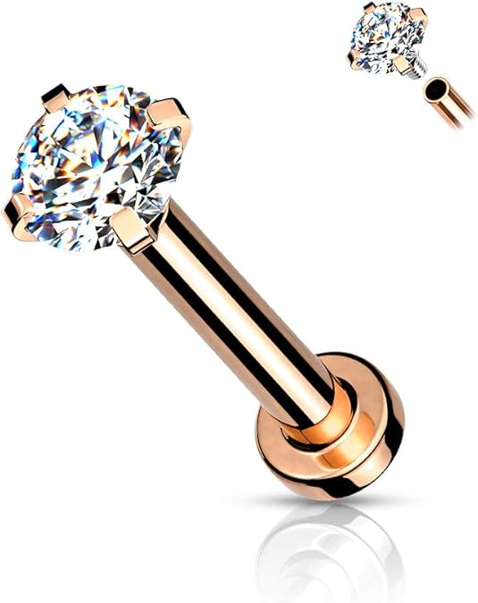 CZ Prong Set Top Internally Threaded PVD Over Micro Base 316L Surgical Steel Labret, Flat Back Studs For Lip, Chin, Nose and More Labret Skin Metals