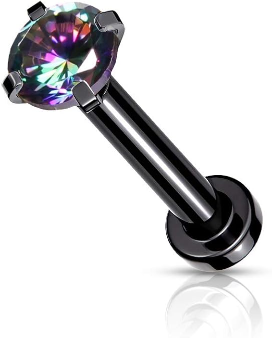 CZ Prong Set Top Internally Threaded PVD Over Micro Base 316L Surgical Steel Labret, Flat Back Studs For Lip, Chin, Nose and More Labret Skin Metals