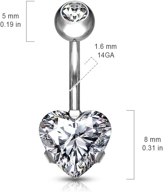 Implant Grade Titanium Externally Threaded Double Jewel Prong Set Heart CZ Belly Button Ring Belly Button Ring Skin Metals