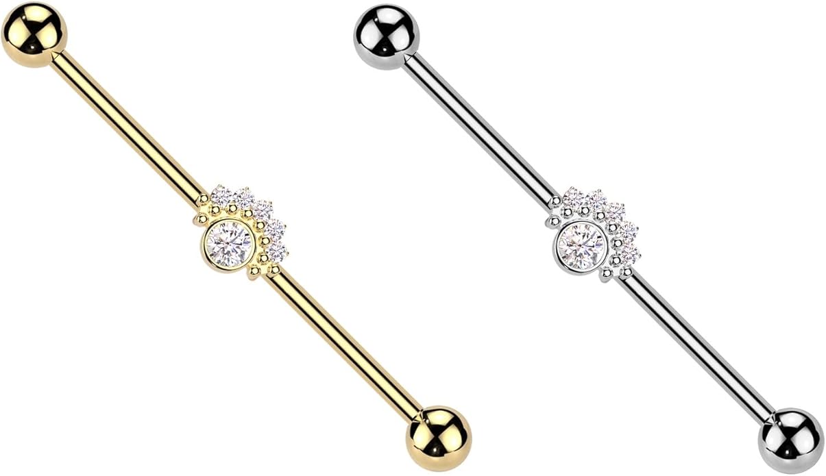 Surgical Steel CZ Fan With Big Round CZ Center Industrial Barbell Industrial Barbell Skin Metals