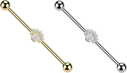Surgical Steel CZ Fan With Big Round CZ Center Industrial Barbell Industrial Barbell Skin Metals