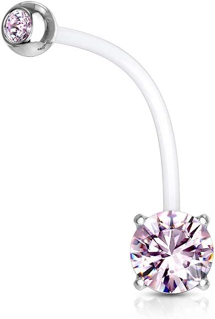 Double Jeweled Prong Set Round CZ Pregnancy Belly Rings Bioflex with 316L Surgical Steel Balls Belly Button Ring Skin Metals