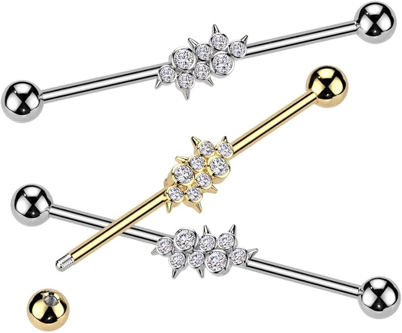 Surgical Steel Industrial Barbell With Round CZ Cluster Center With Spikes Industrial Barbell Skin Metals
