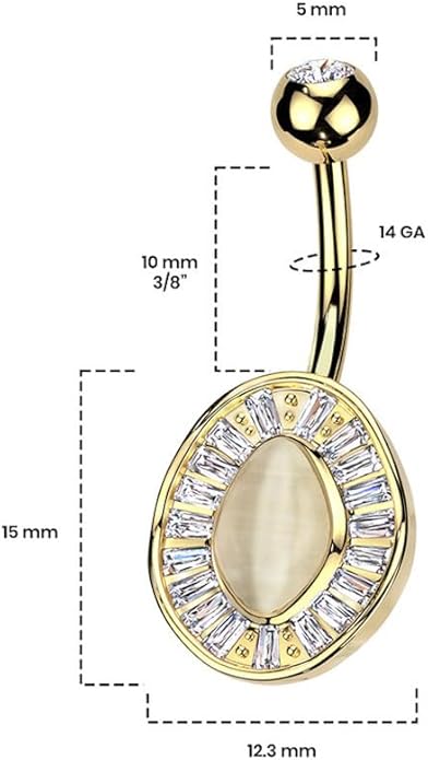 Surgical Steel Baguette CZ Edge With Cat's Eye Stone Center Belly Button Navel Ring Navel Rings Skin Metals